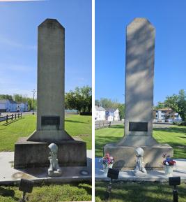 Inspected, deep-cleaned, and inscription-restored concrete upright monument, New York, summer, 2025 / Before and after