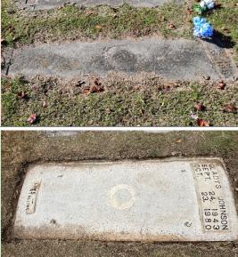 Restoration for a granite flush marker, North Carolina, fall, 2025. / Before and after