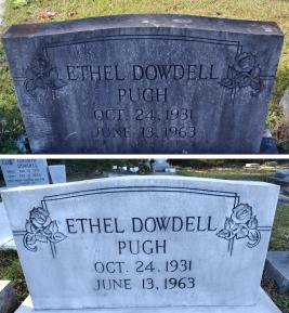 Restoration package for a ledger marker, Alabama, fall, 2025. / Before and after