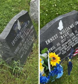 Restoration work for two upright tombstones, Pennsylvania, fall, 2025. / Before and after